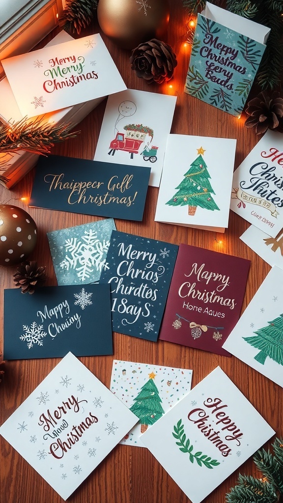 A variety of festive Christmas cards on a wooden table, showcasing different designs and themes.